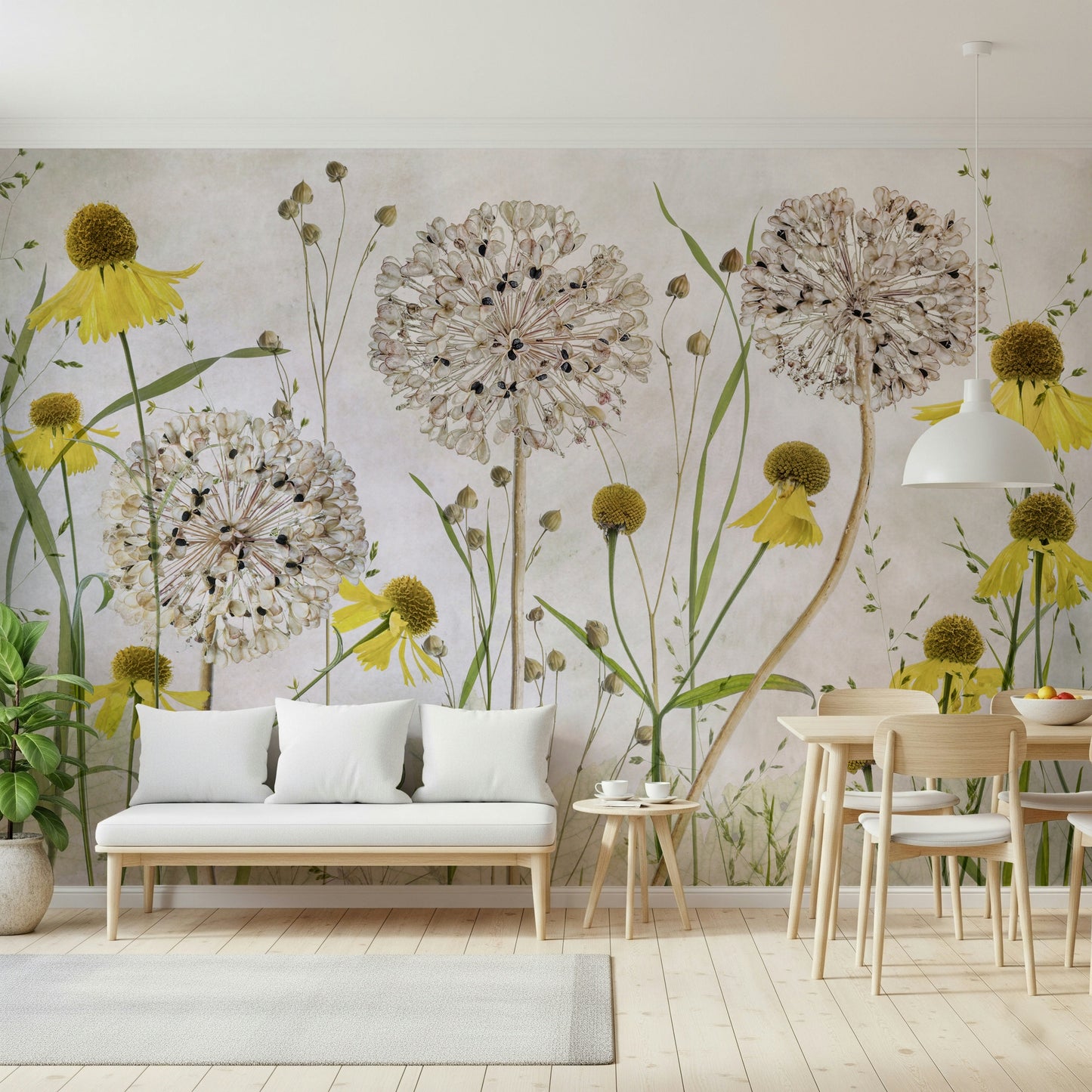 A peaceful sunny flower design mural on decorative wallpaper.

