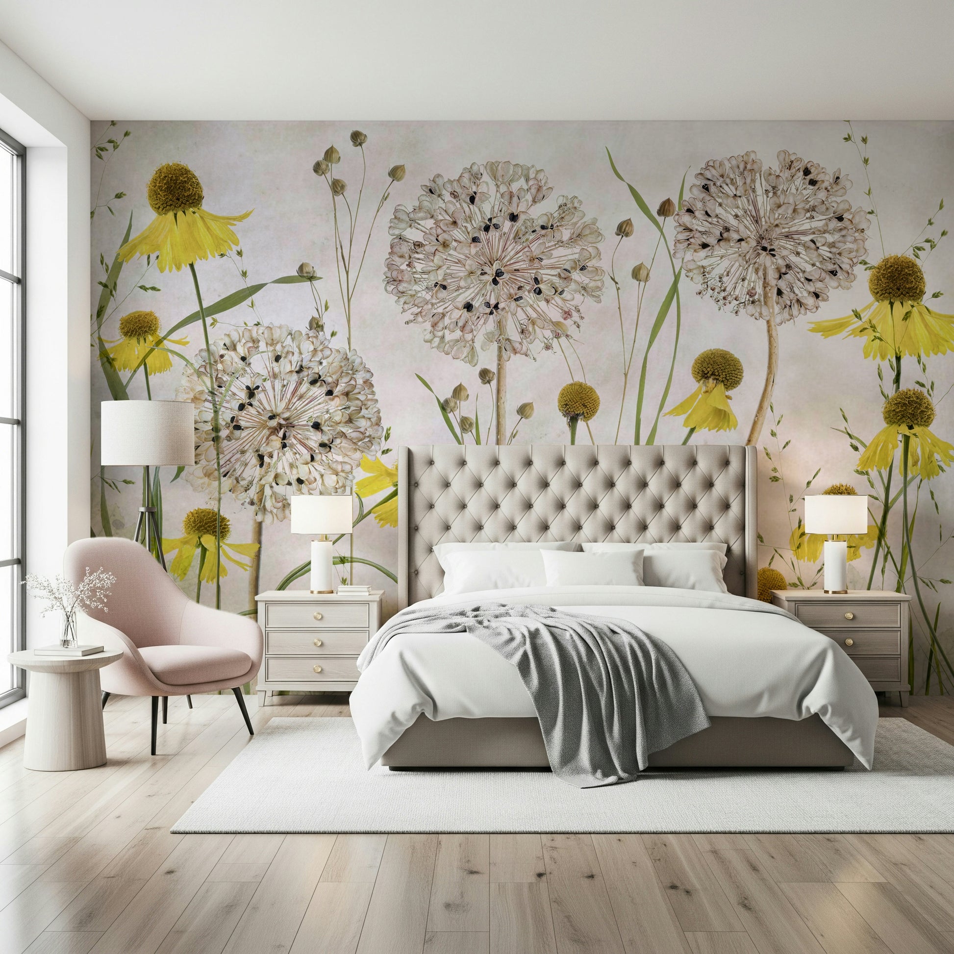 A graceful subtle flower wall mural in bright, elegant tones.


