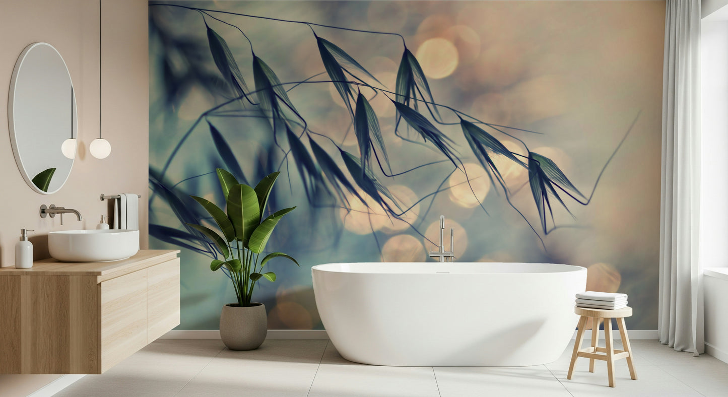 A contemplative golden light wallpaper mural for a feature wall.

