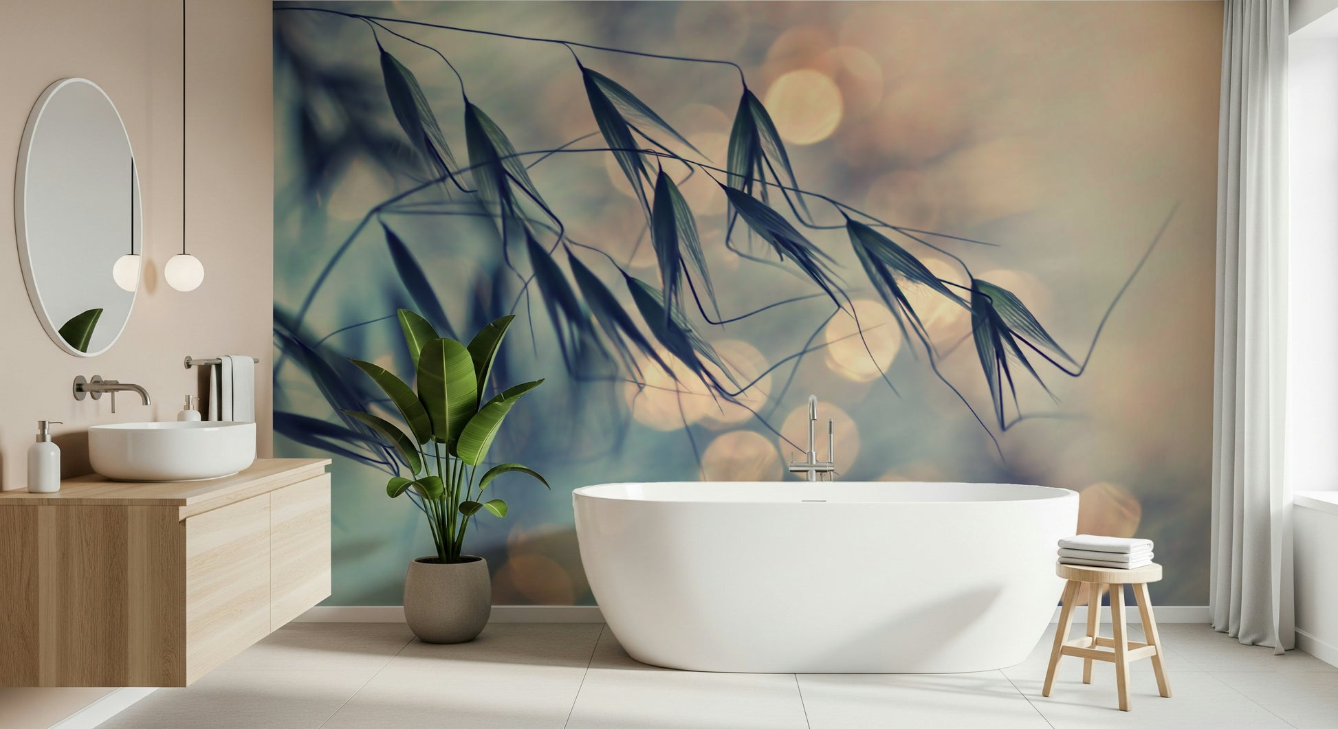 A contemplative golden light wallpaper mural for a feature wall.

