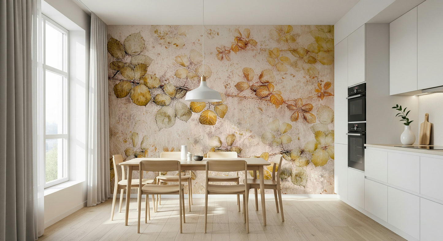 A contemplative golden leaves wallpaper mural for a feature wall.


