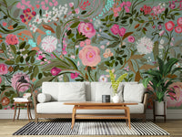 A graceful subtle flower wall mural in soft, elegant tones.

