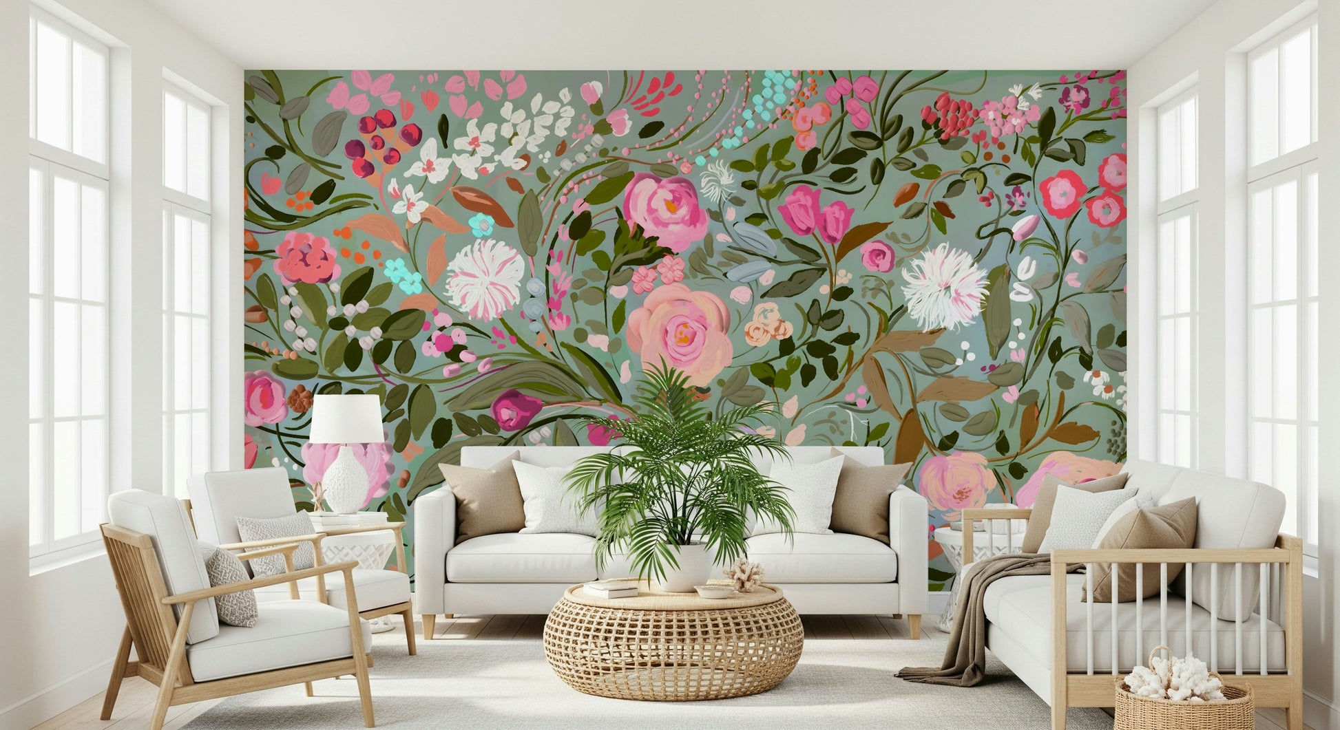 An artistic delicate bloom mural on minimalist wallpaper.


