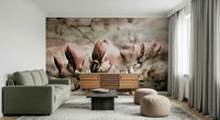 An artistic magnolia bloom mural on minimalist wallpaper.

