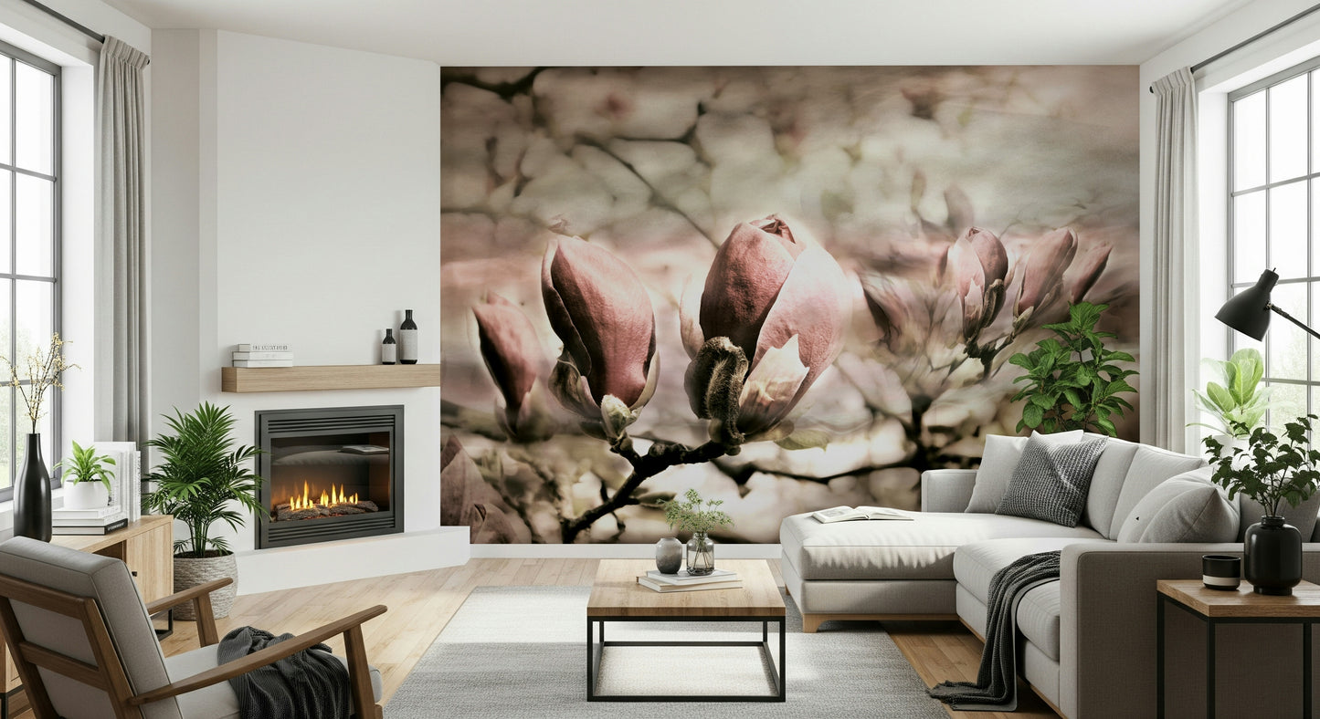 A beautiful blush pink magnolia wallpaper mural for a modern home.

