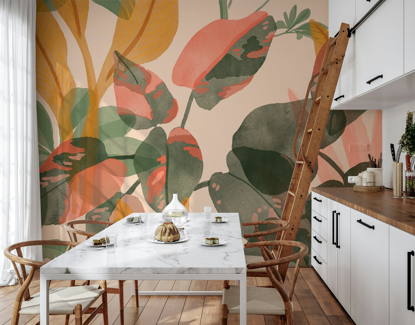 An artistic lush botanical mural on minimalist wallpaper.

