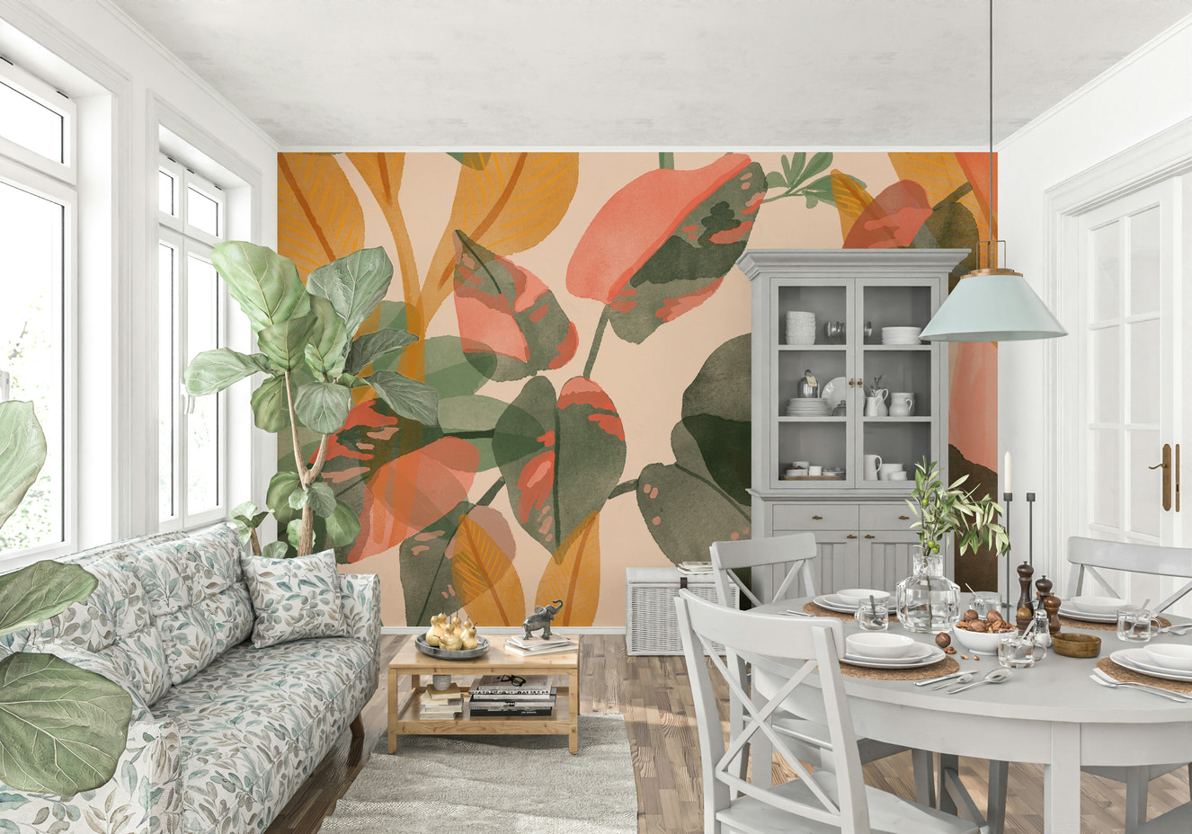 A beautiful serene foliage wallpaper mural for a modern home.

