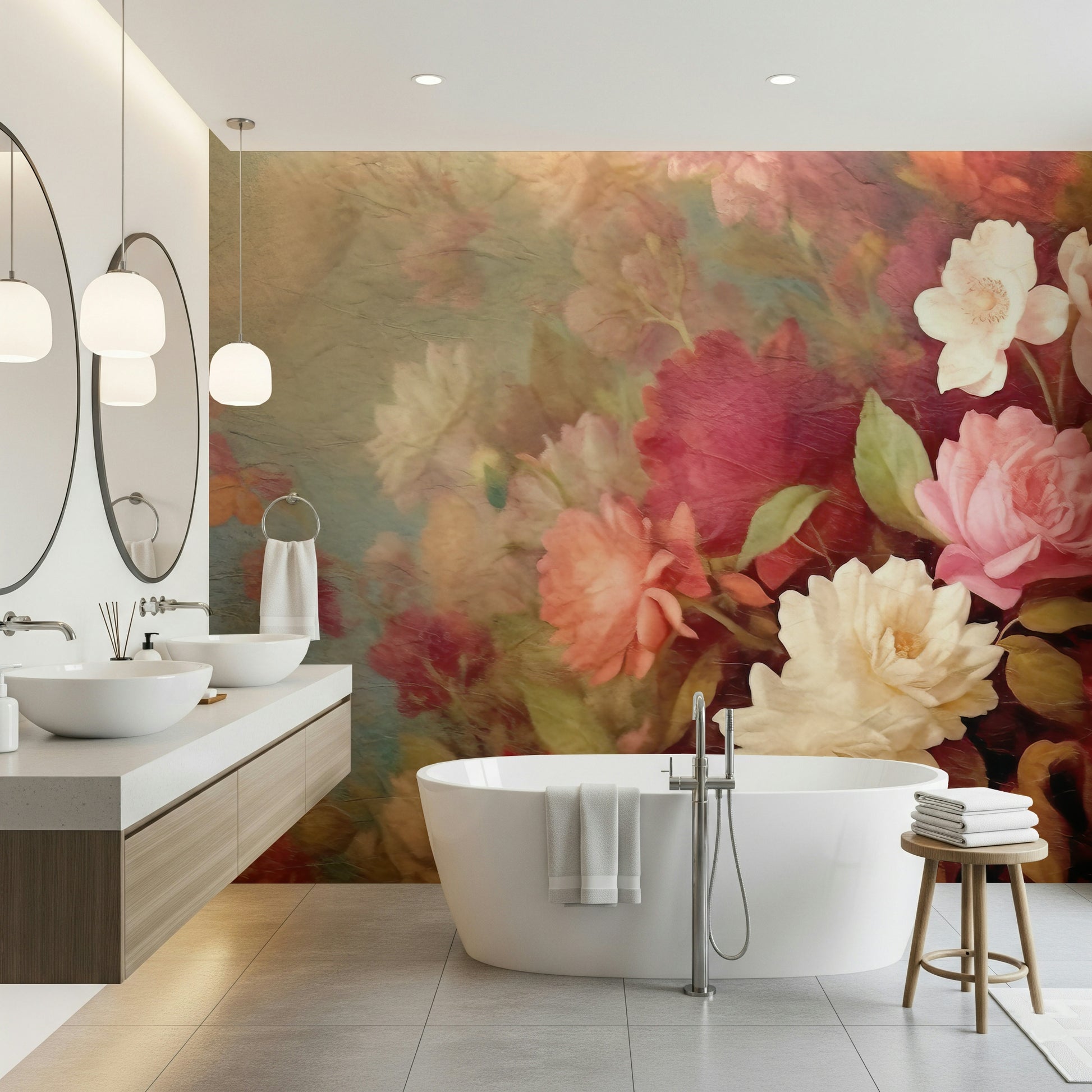 A calming floral design wallpaper mural that defines a space.

