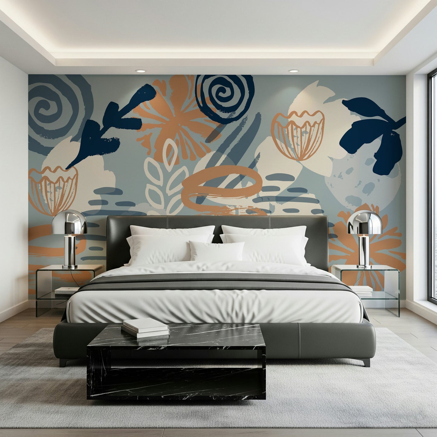 A beautiful abstract floral wallpaper mural for a modern home.

