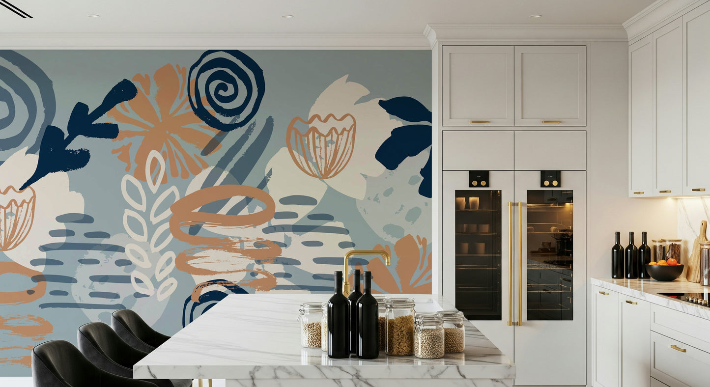 An artistic abstract bloom mural on minimalist wallpaper.

