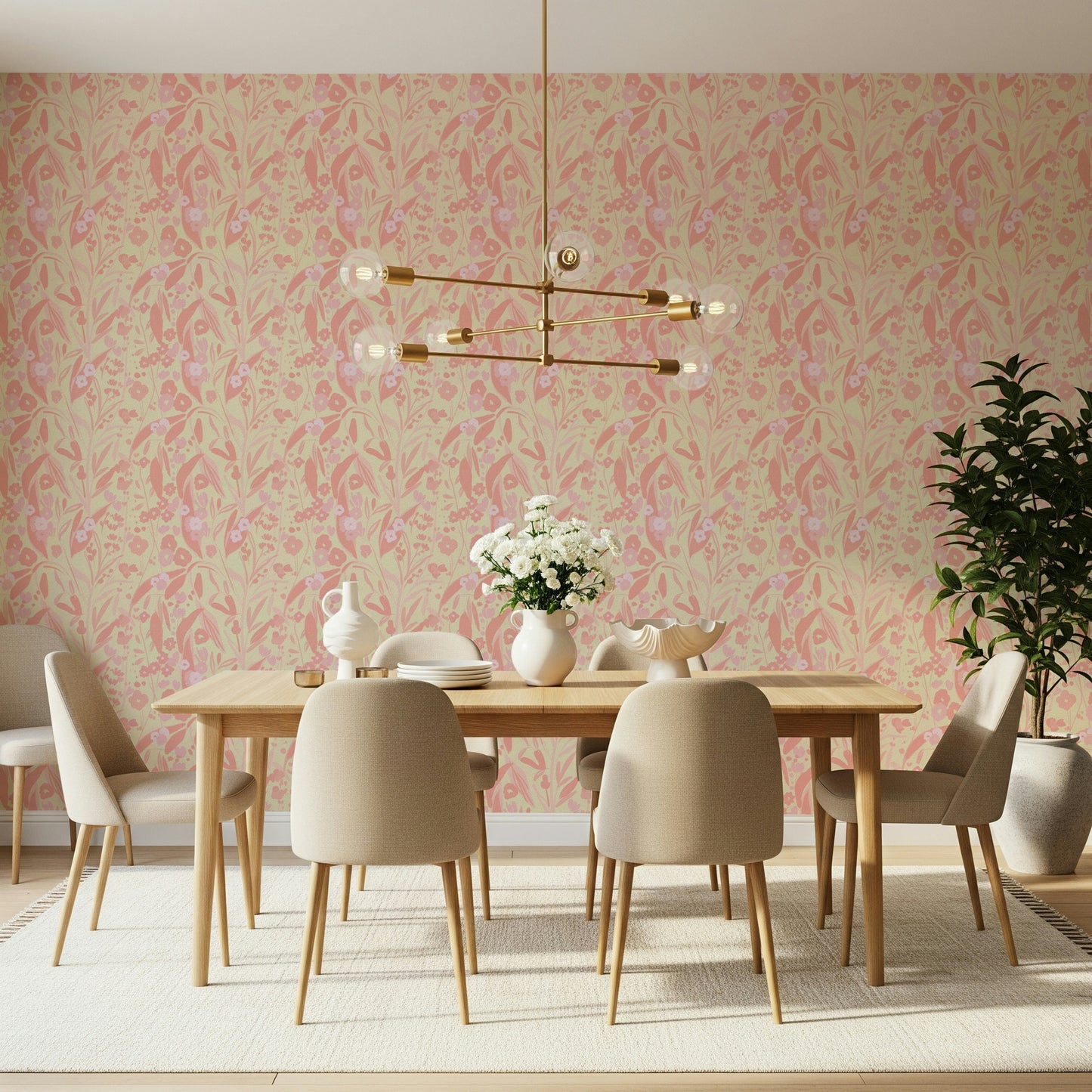 A peaceful color wash design mural on decorative wallpaper.

