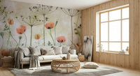 A peaceful flower design mural on decorative wallpaper.

