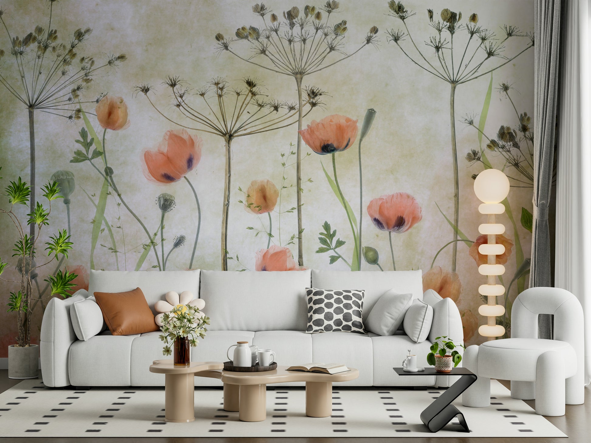 A graceful subtle flower wall mural in soft, elegant tones.

