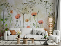 A graceful subtle flower wall mural in soft, elegant tones.

