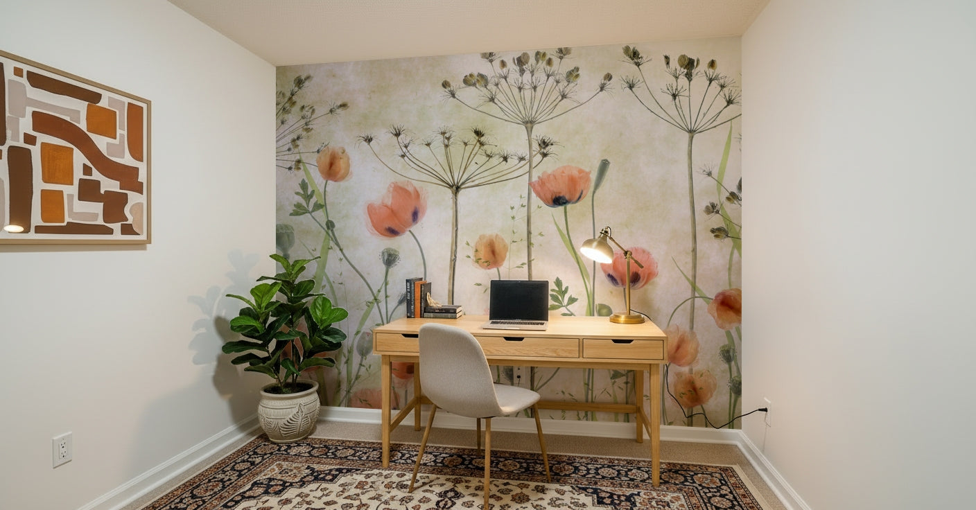 A calming floral design wallpaper mural that defines a space.

