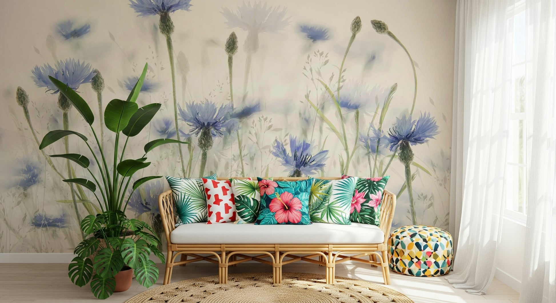 A calming floral design wallpaper mural that defines a space.

