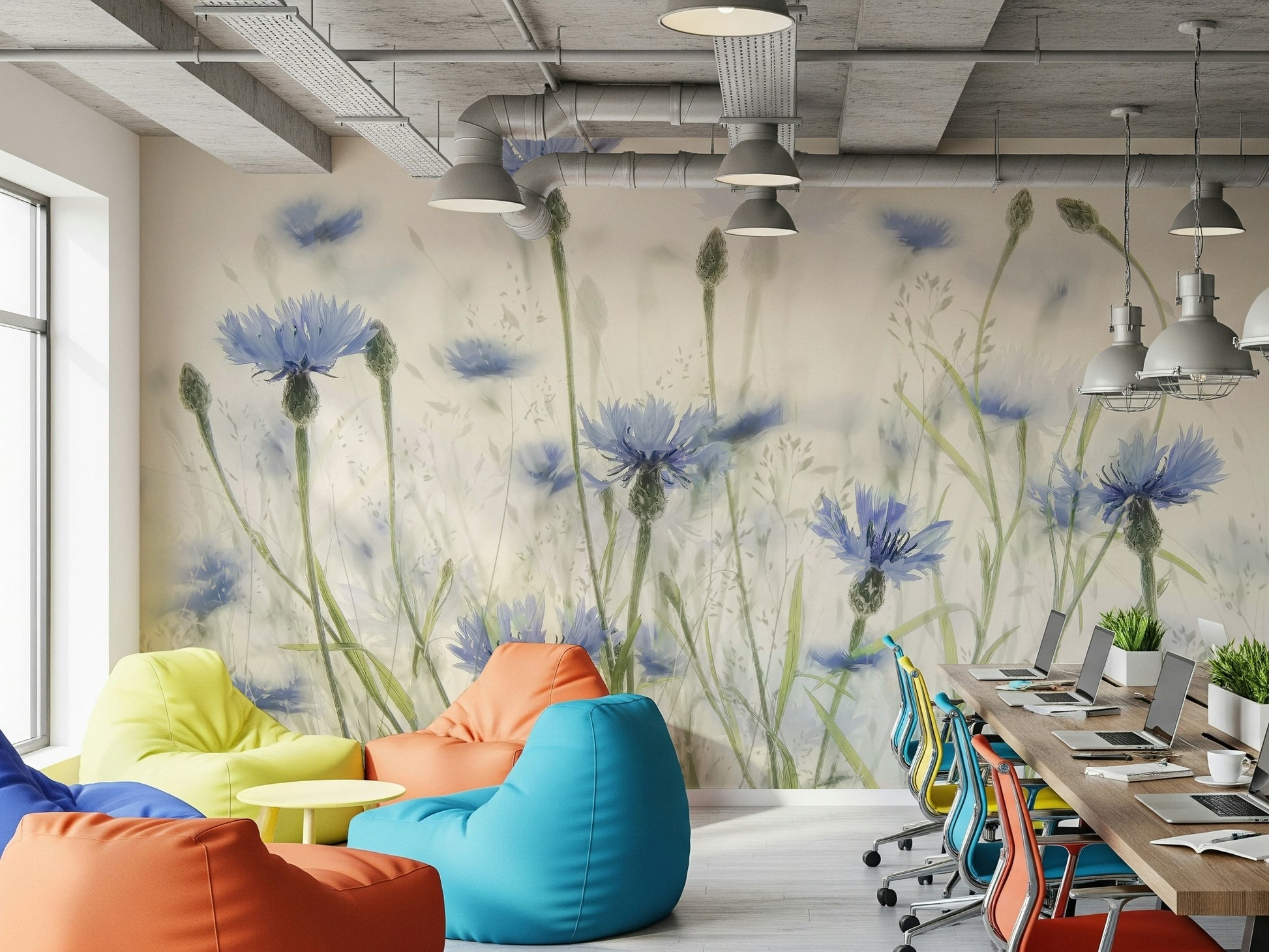 A graceful subtle flower wall mural in cool, blue tones.

