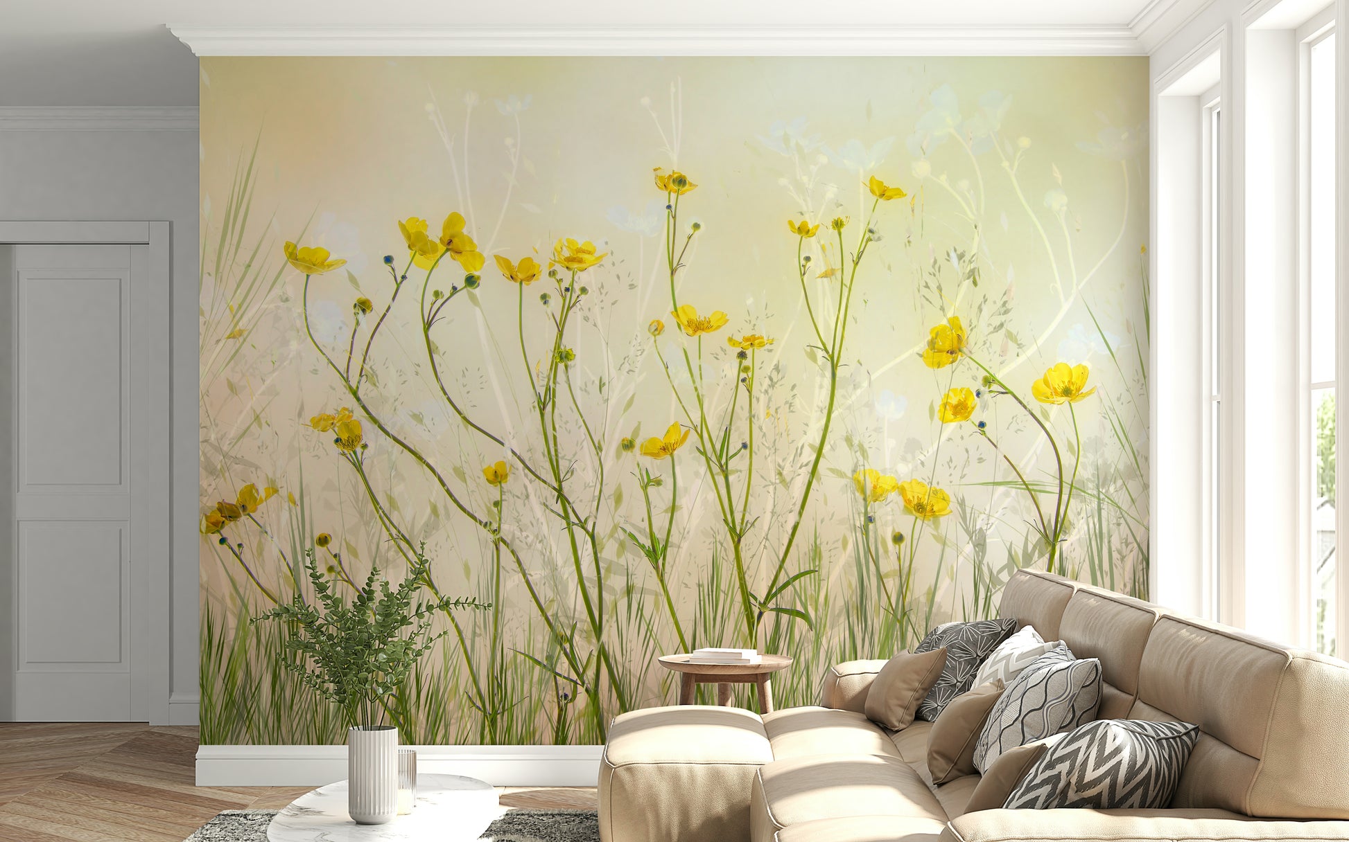 A contemplative golden field wallpaper mural for a feature wall.

