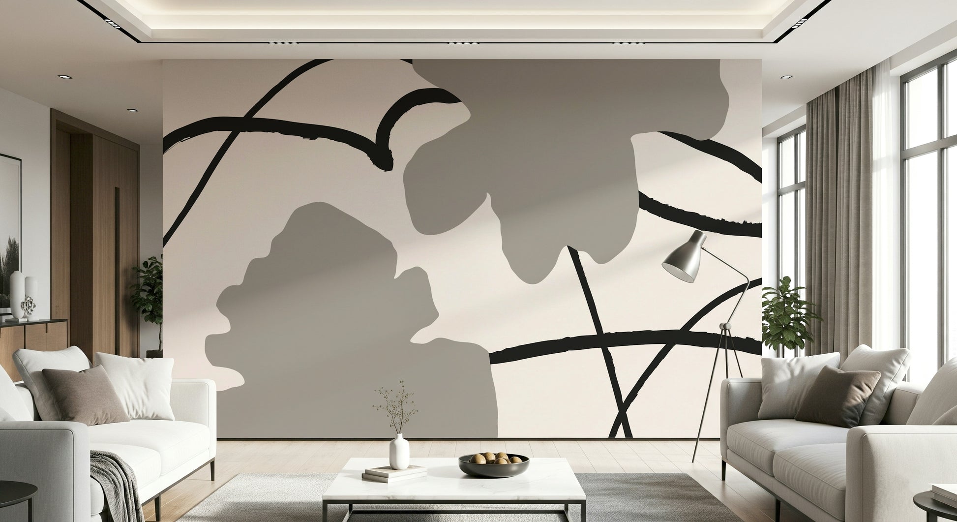 An artistic textured paint mural on minimalist wallpaper.

