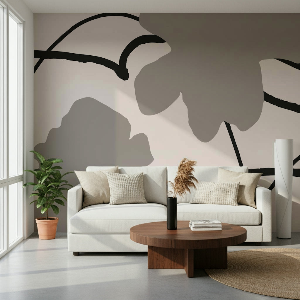 A peaceful geometric abstract mural on decorative wallpaper.

