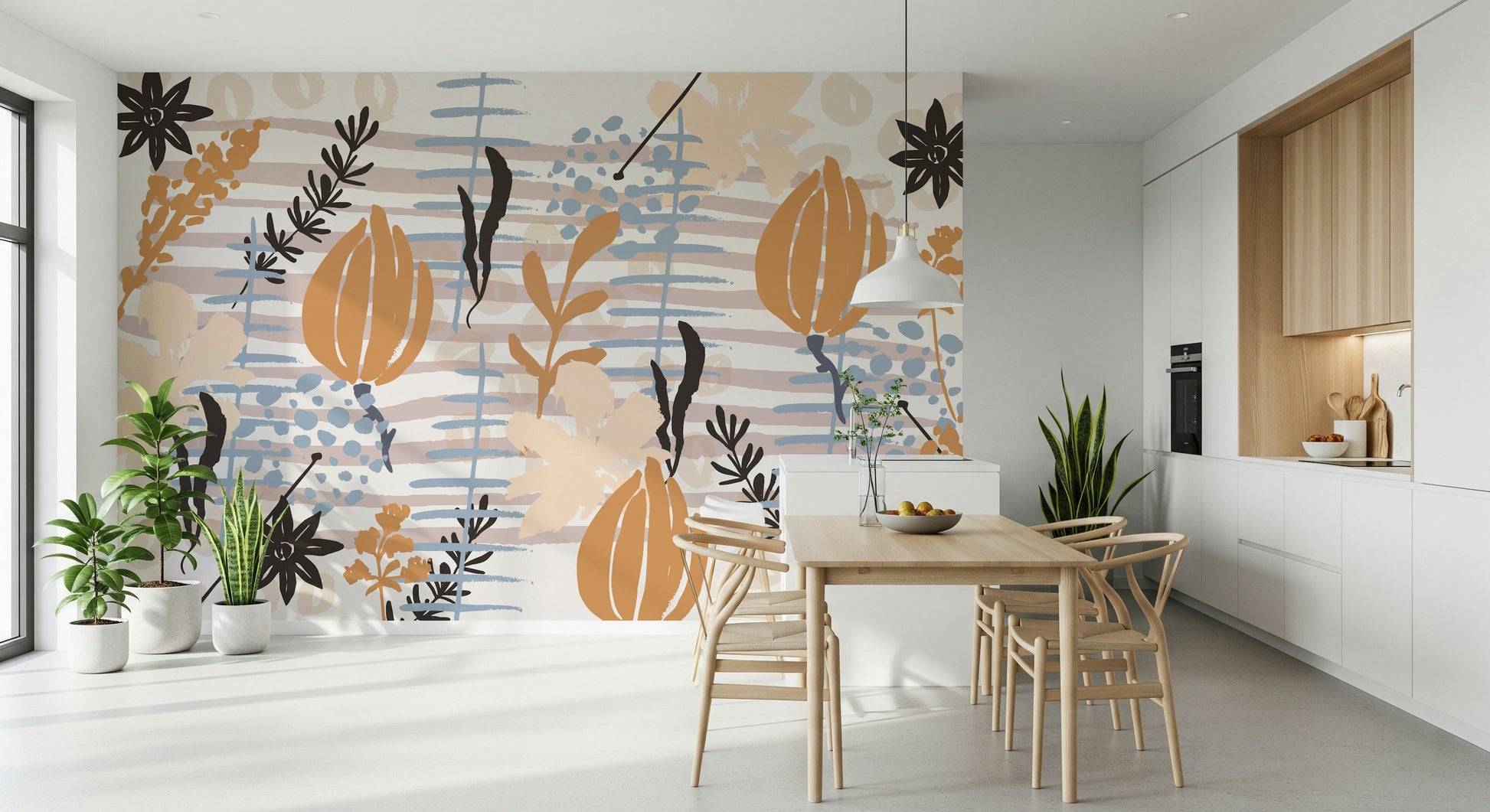 A graceful subtle bloom wall mural in cool, natural tones.

