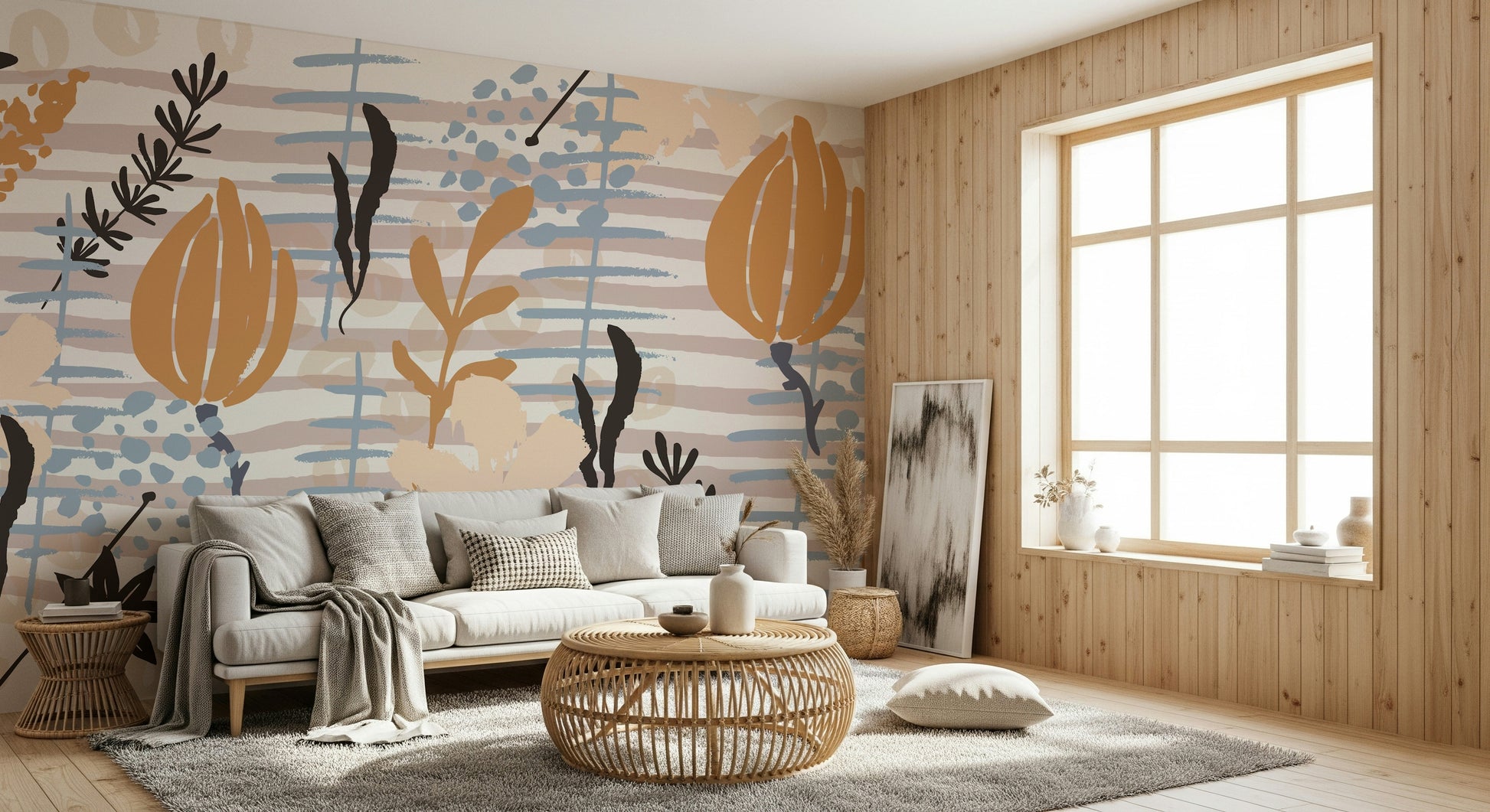 An abstract blooming garden mural on minimalist wallpaper.

