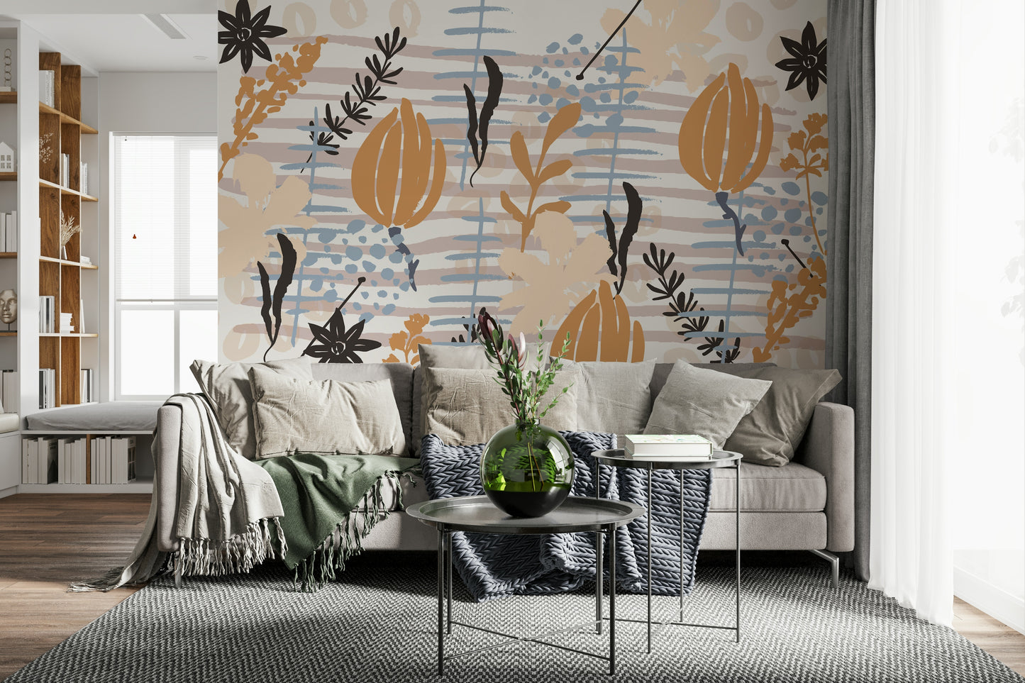 A beautiful modern art wall mural of delicate flowers.

