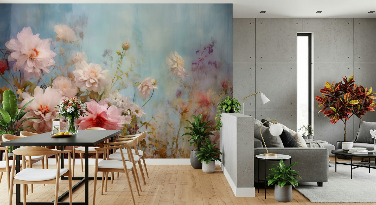 An artistic flower design mural on minimalist wallpaper.

