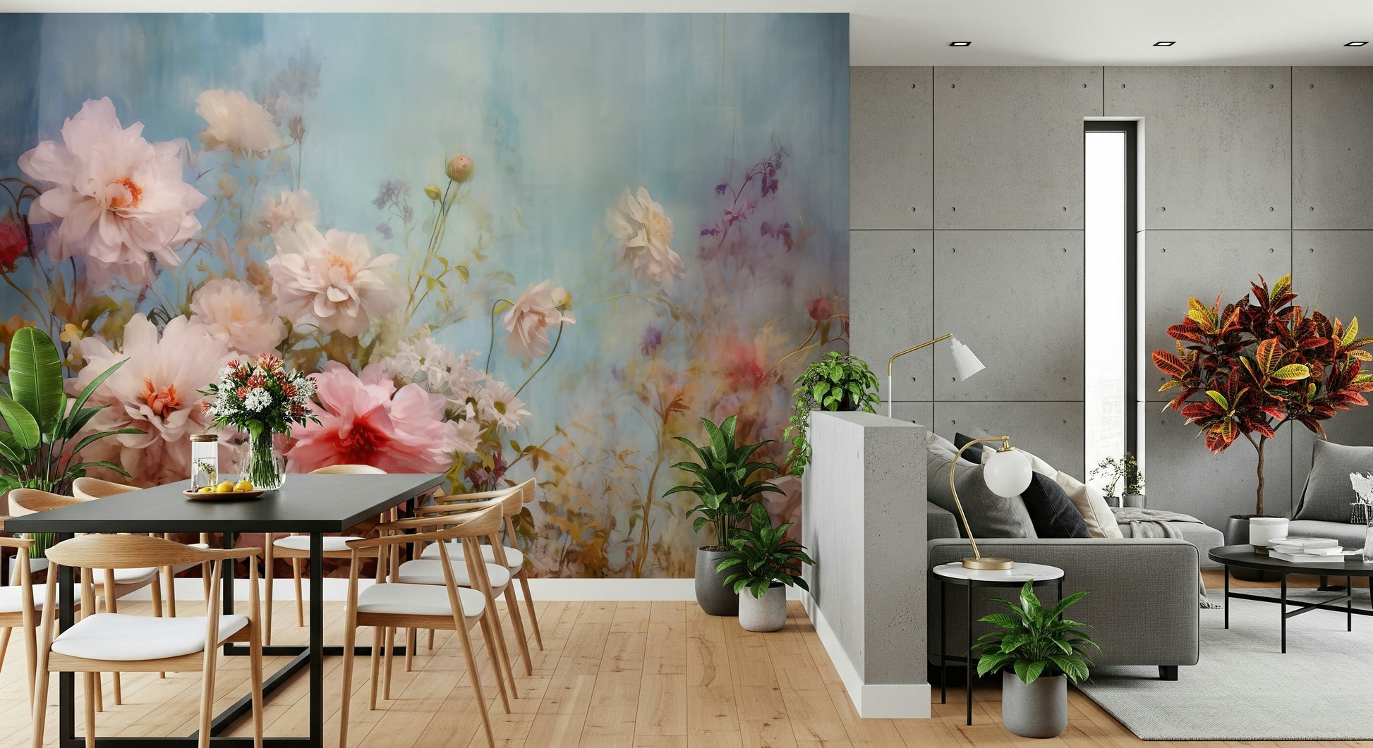 An artistic flower design mural on minimalist wallpaper.

