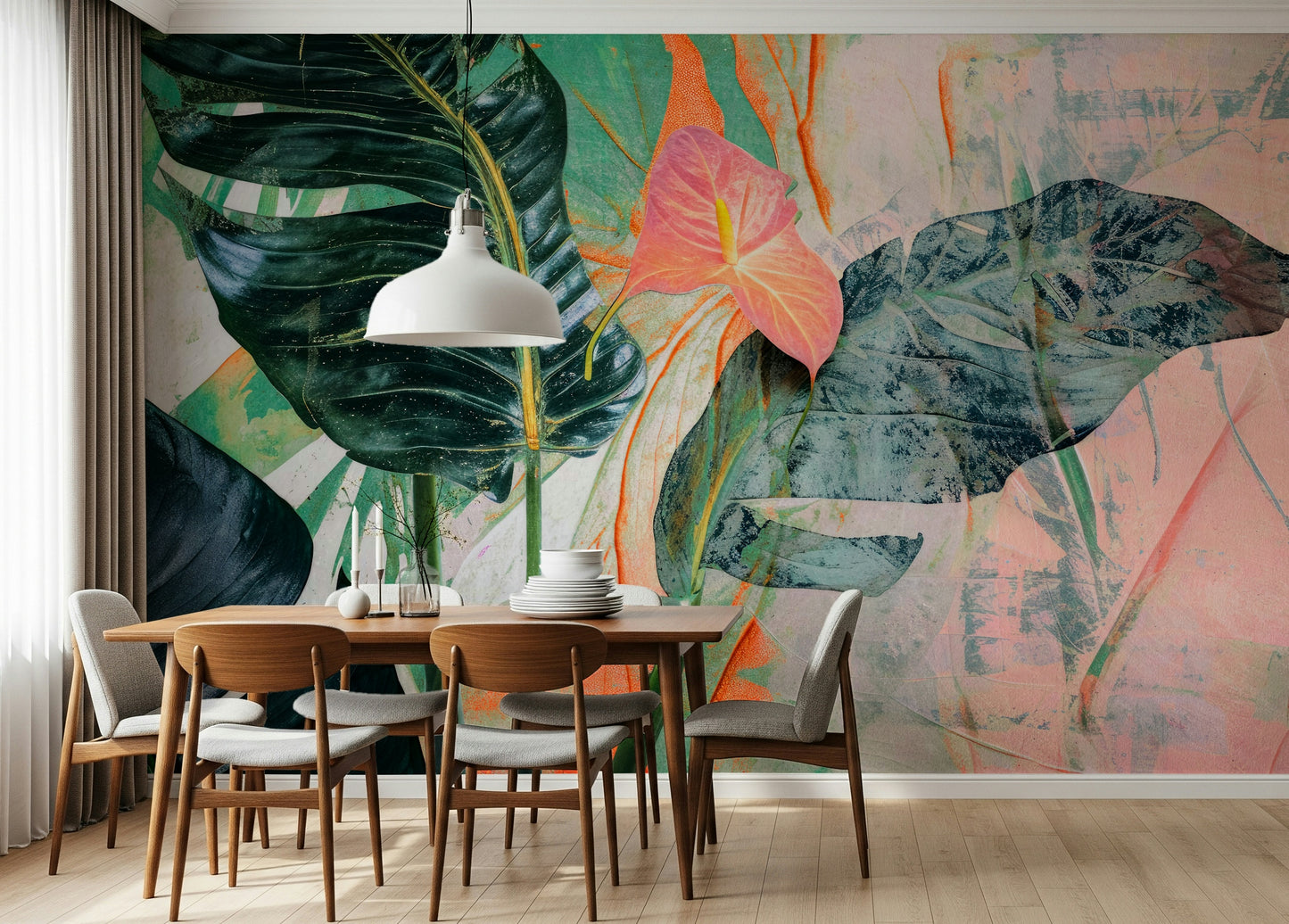 An abstract foliage mural on minimalist wallpaper.

