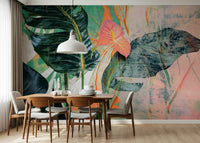 An abstract foliage mural on minimalist wallpaper.

