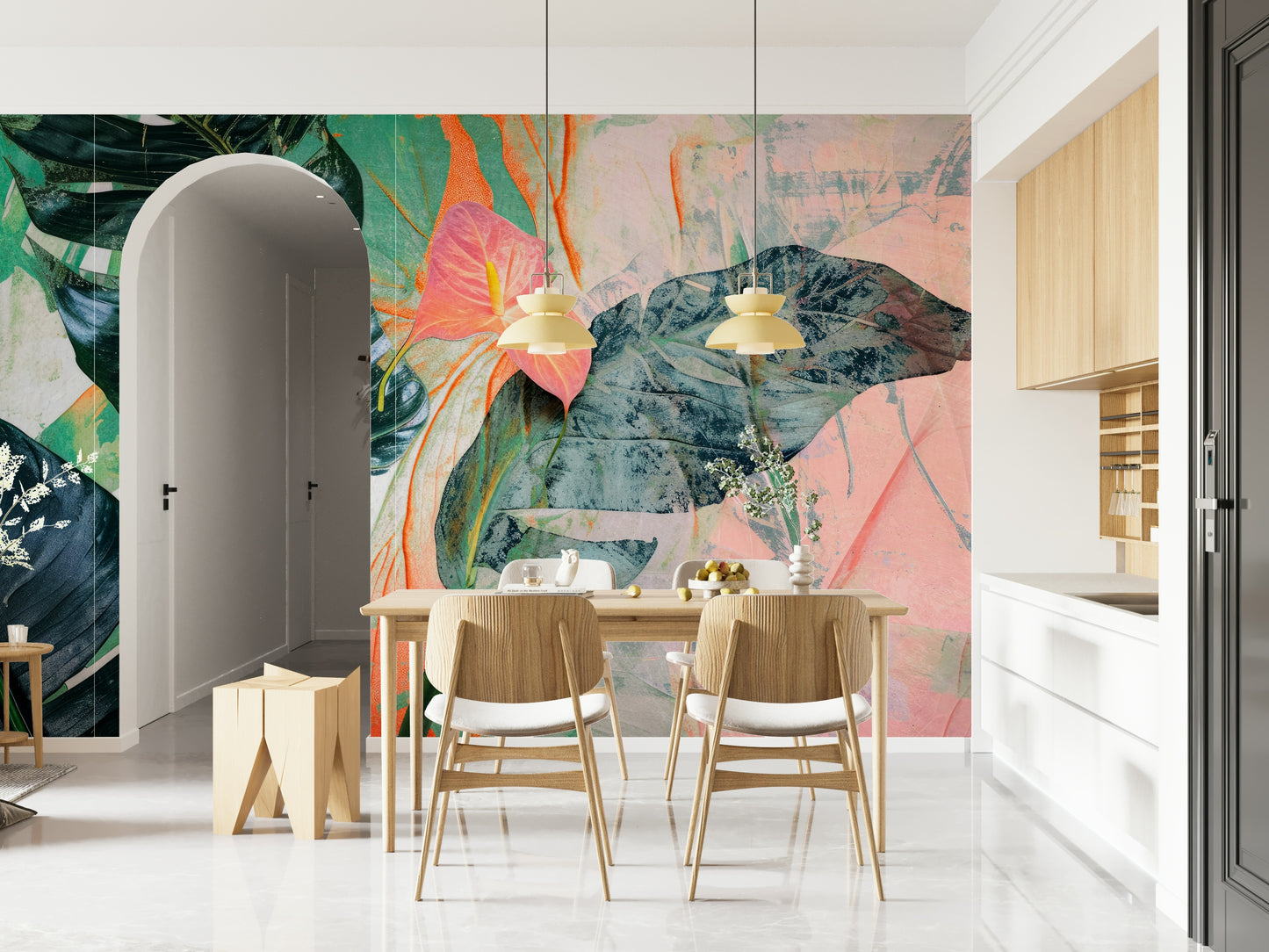 A calming foliage design wallpaper mural that defines a space.


