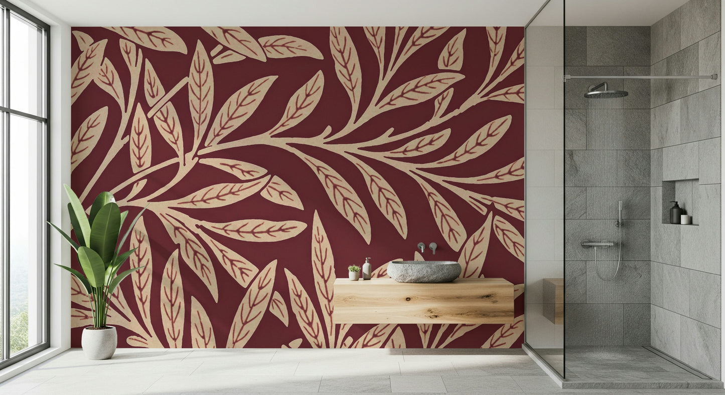 A graceful subtle leaf wall mural in cool, natural tones.

