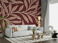 An artistic historic leaf mural on minimalist wallpaper.

