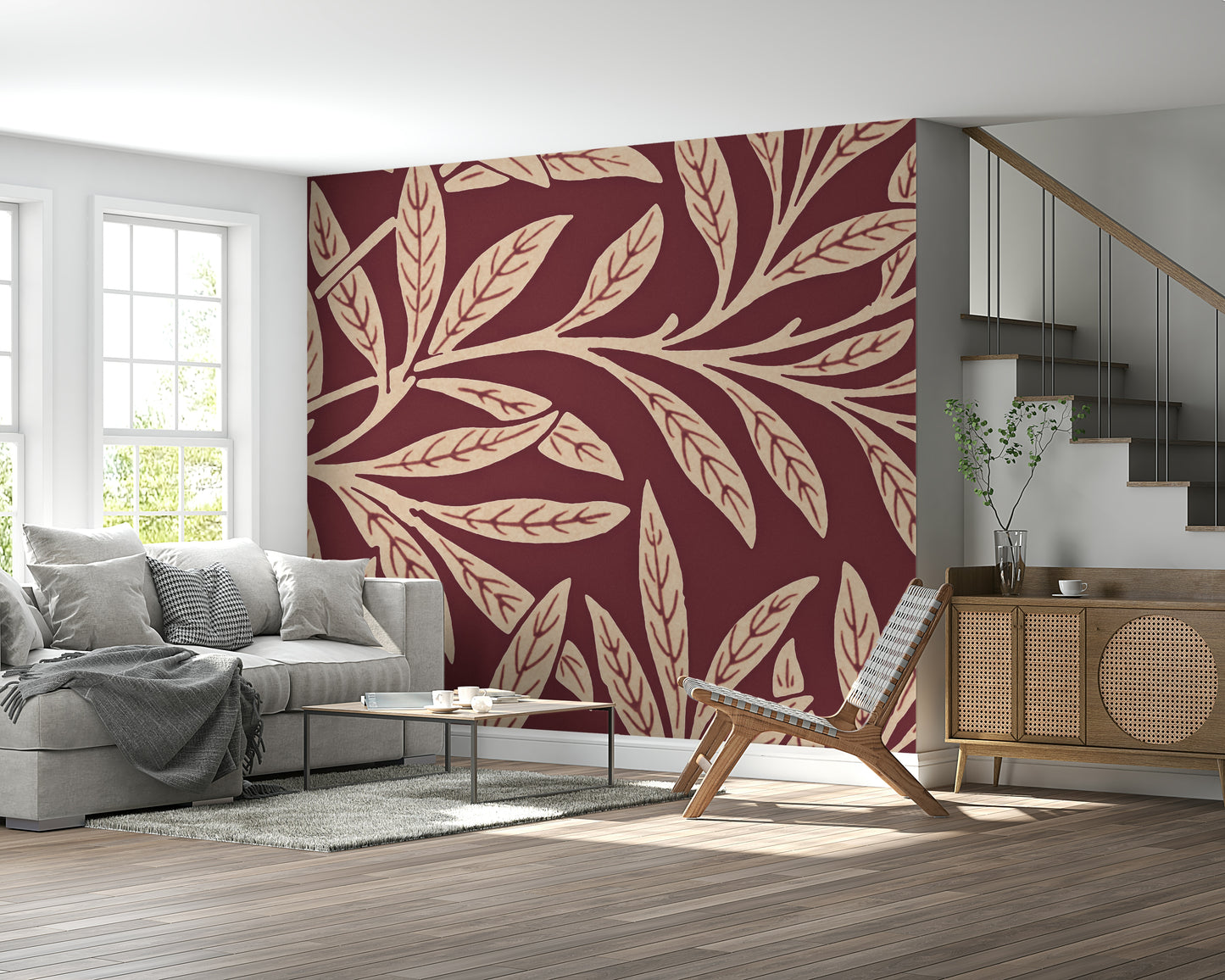 A peaceful botanical design mural on decorative wallpaper.


