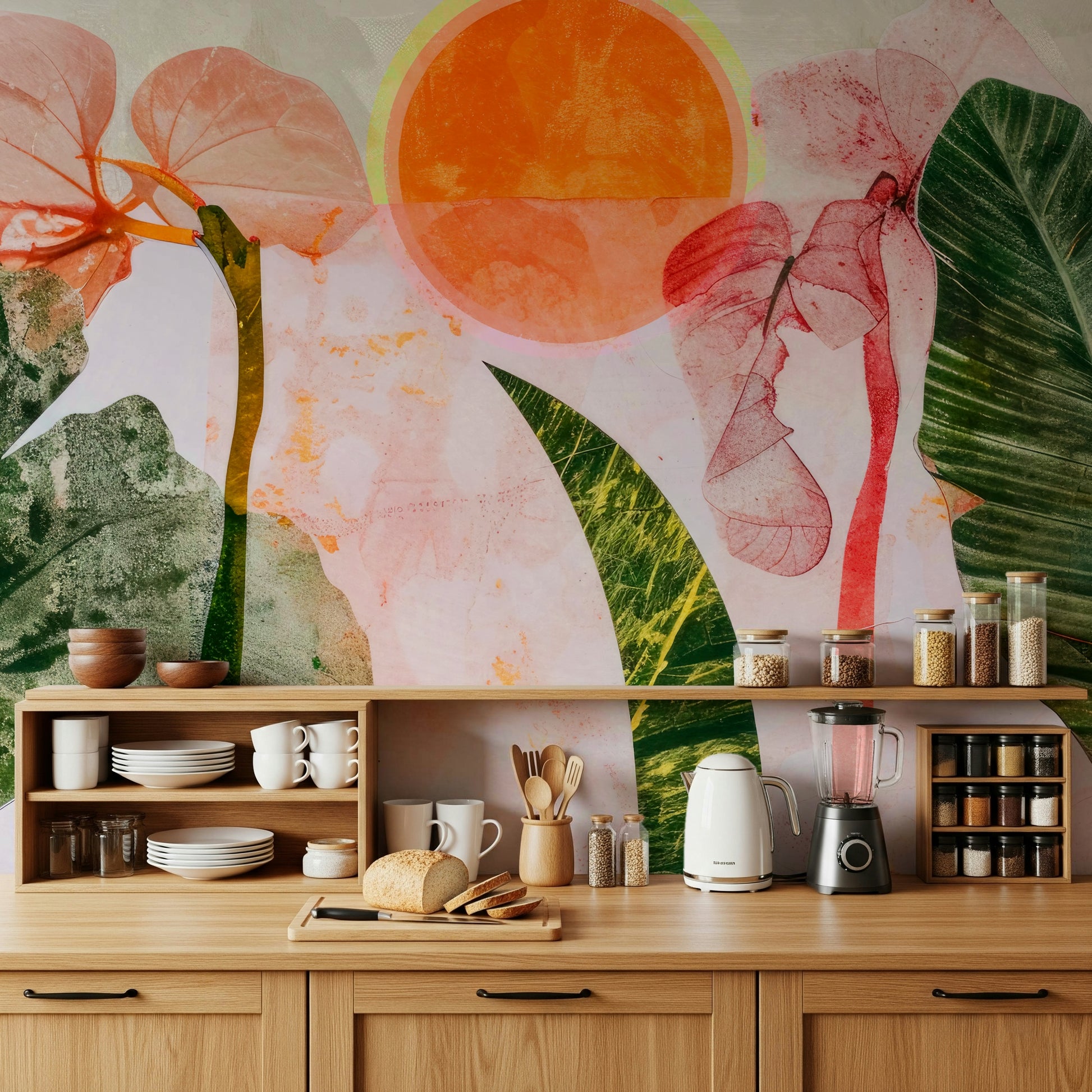 A calming foliage design wallpaper mural that defines a space.

