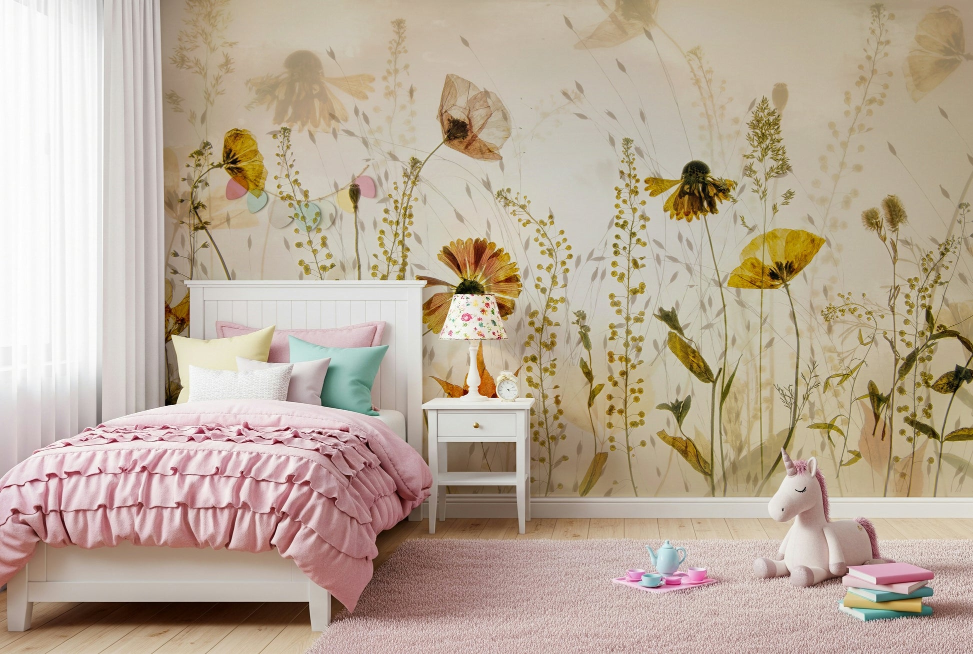 An artistic elegant bloom mural on minimalist wallpaper.

