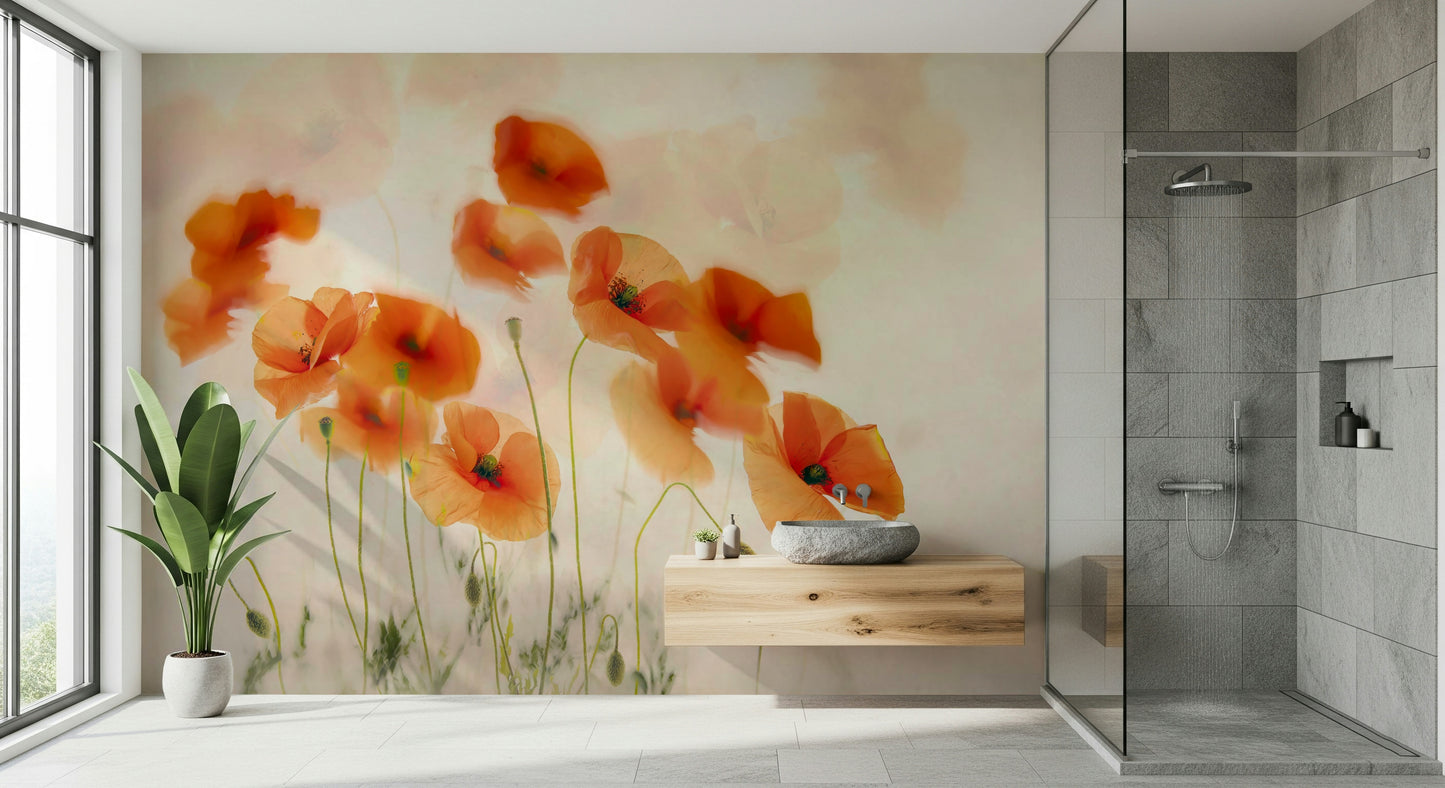 A beautiful modern art wall mural of delicate poppies.

