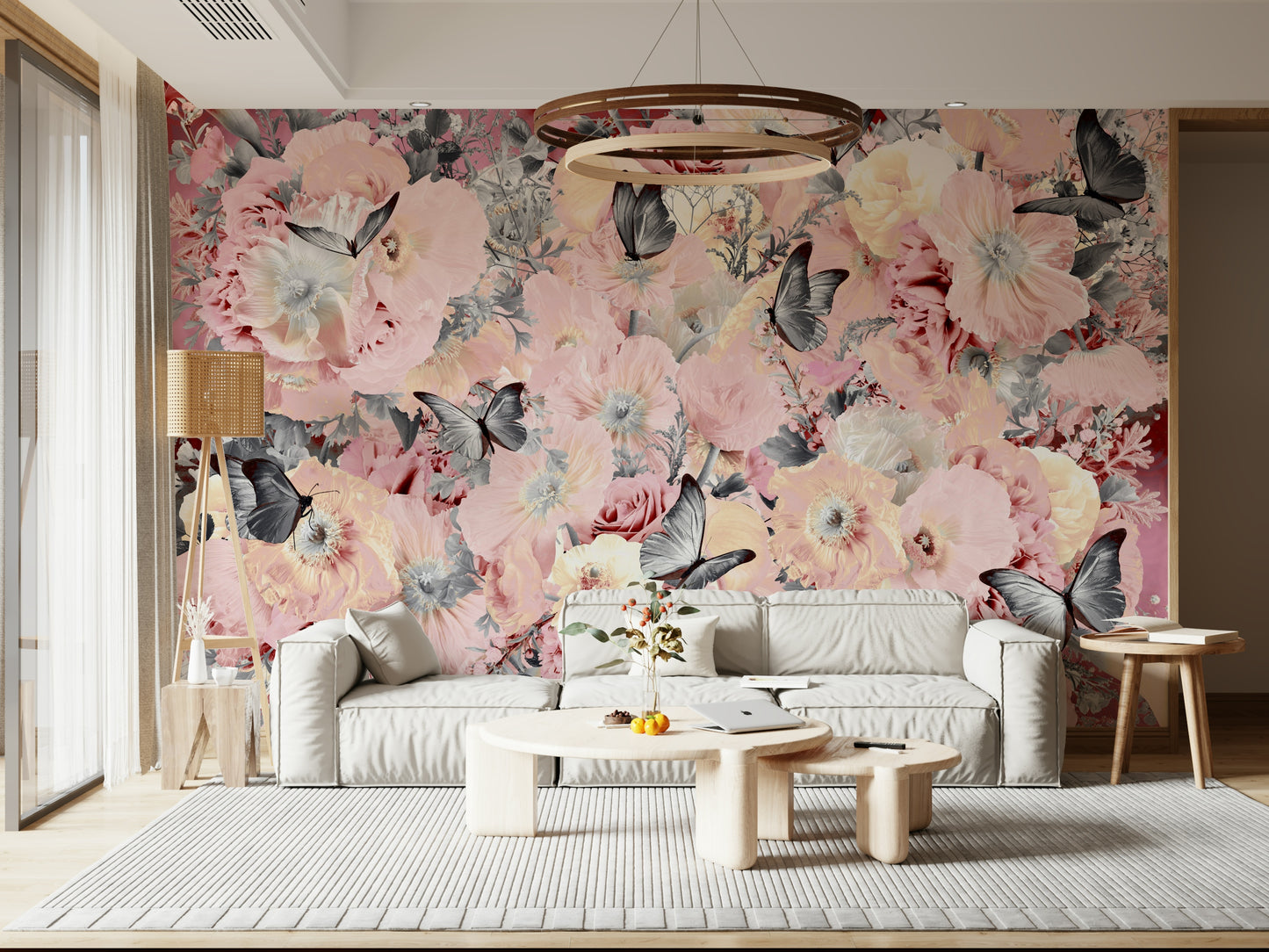 A graceful subtle bloom wall mural in soft, elegant tones.

