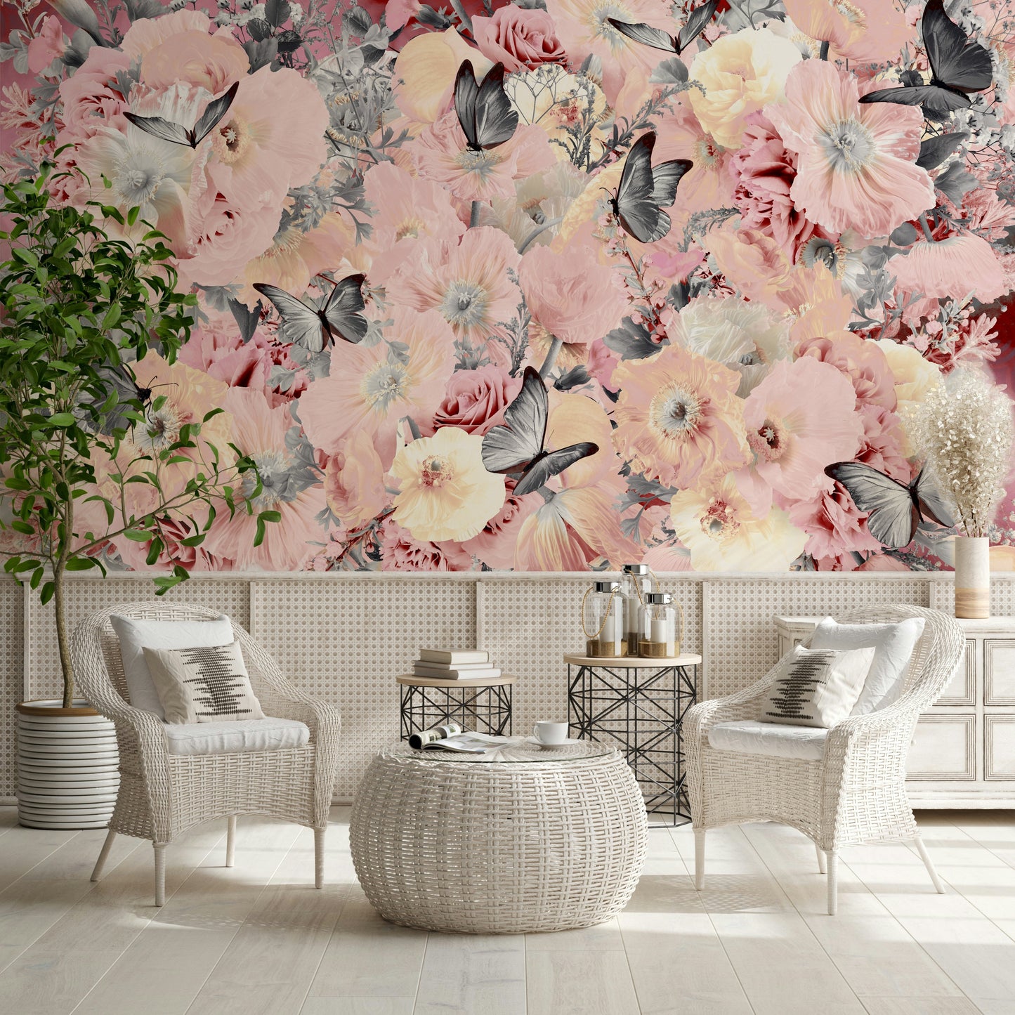 A beautiful modern art wall mural of delicate flowers.

