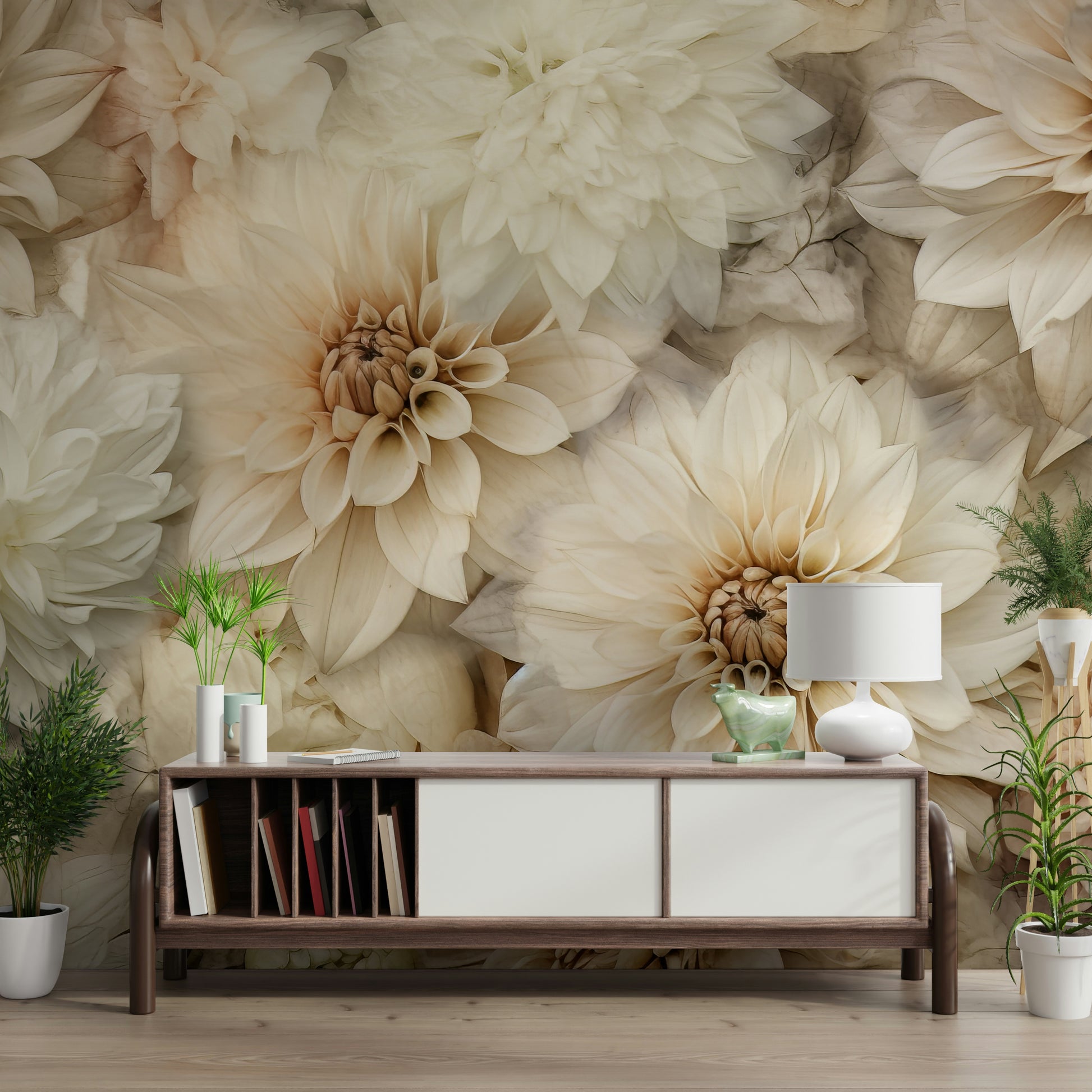 A peaceful flower design mural on decorative wallpaper.

