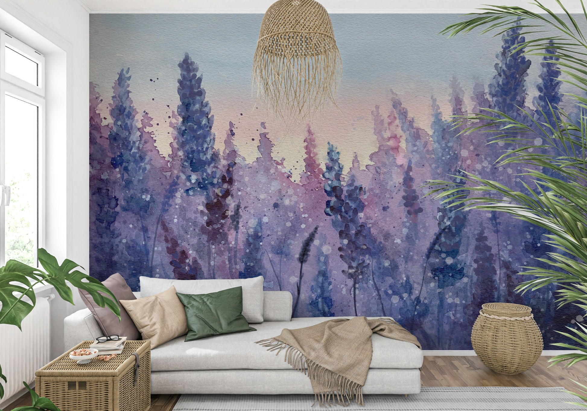 A calming floral design wallpaper mural that defines a space.

