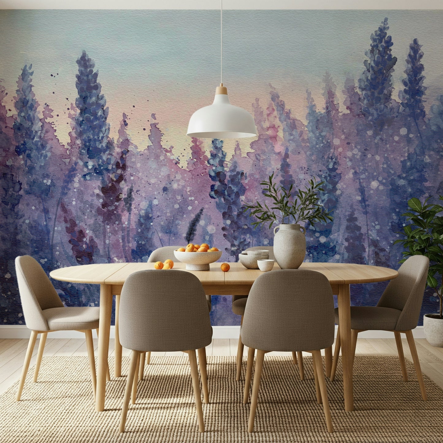 An artistic delicate lavender mural on minimalist wallpaper.

