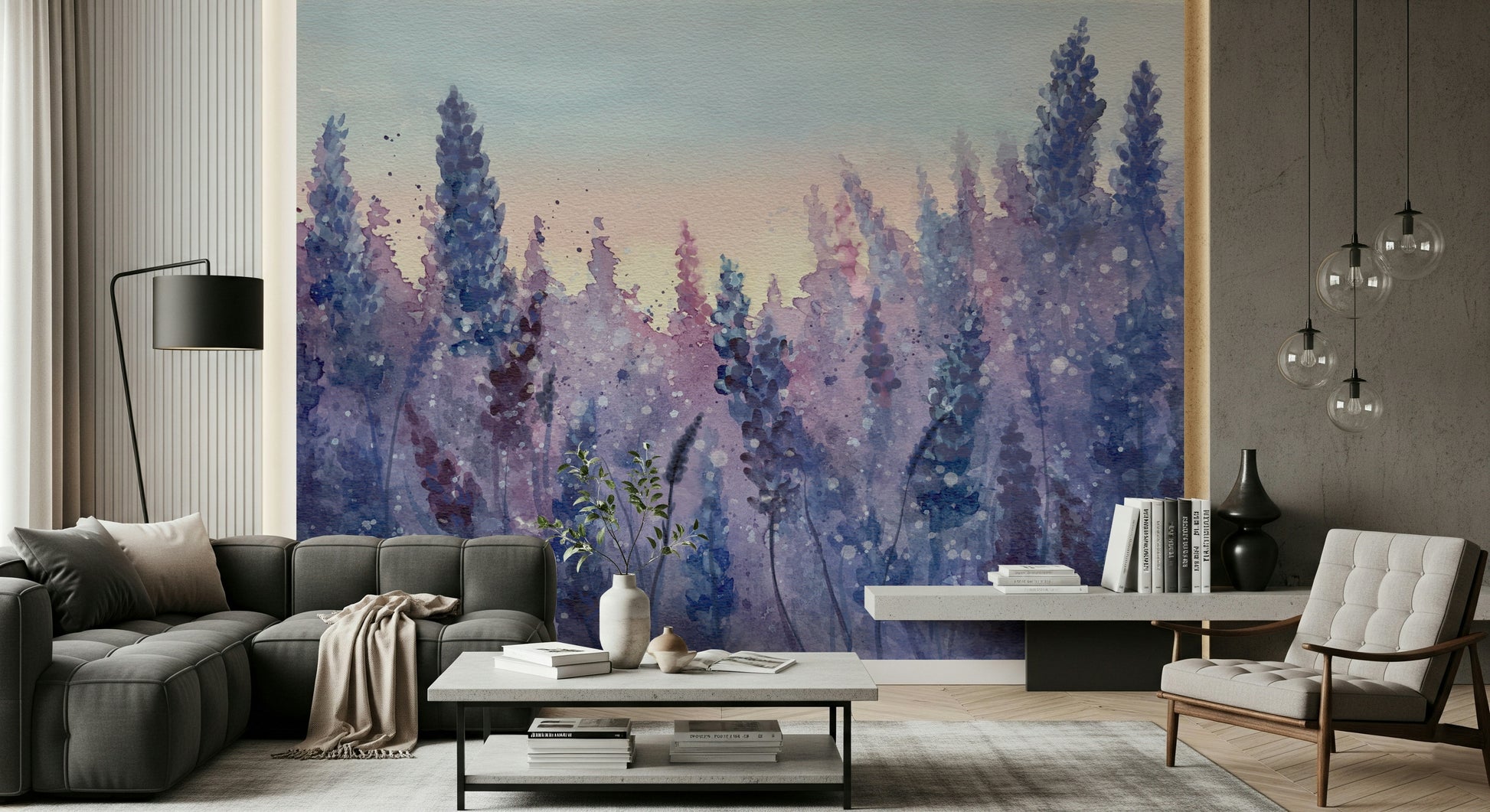 A beautiful watercolor lavender field wallpaper mural for a modern home.

