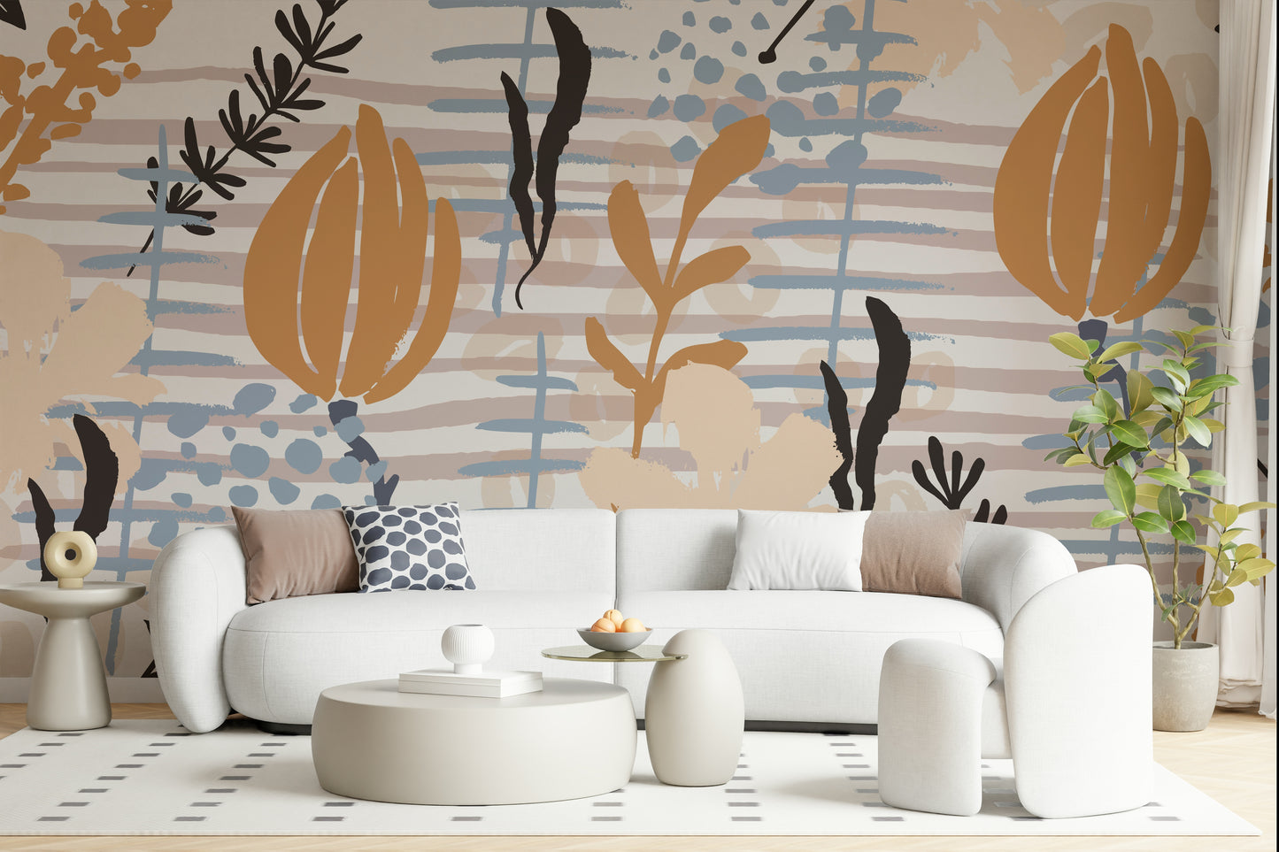 An artistic flower and stripe mural on minimalist wallpaper.

