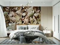 An artistic delicate bloom mural on minimalist wallpaper.

