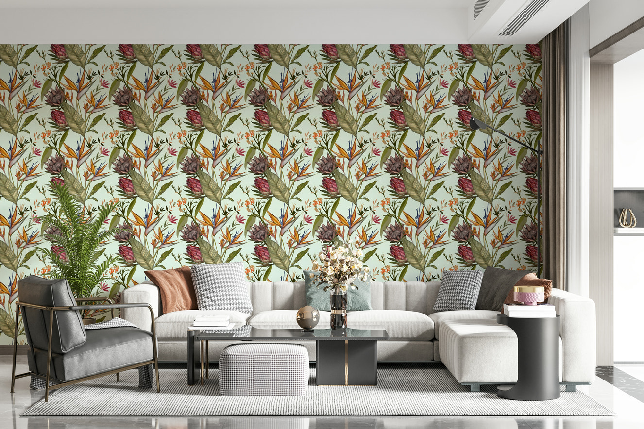 A beautiful lush botanical wallpaper mural with exotic leaves.

