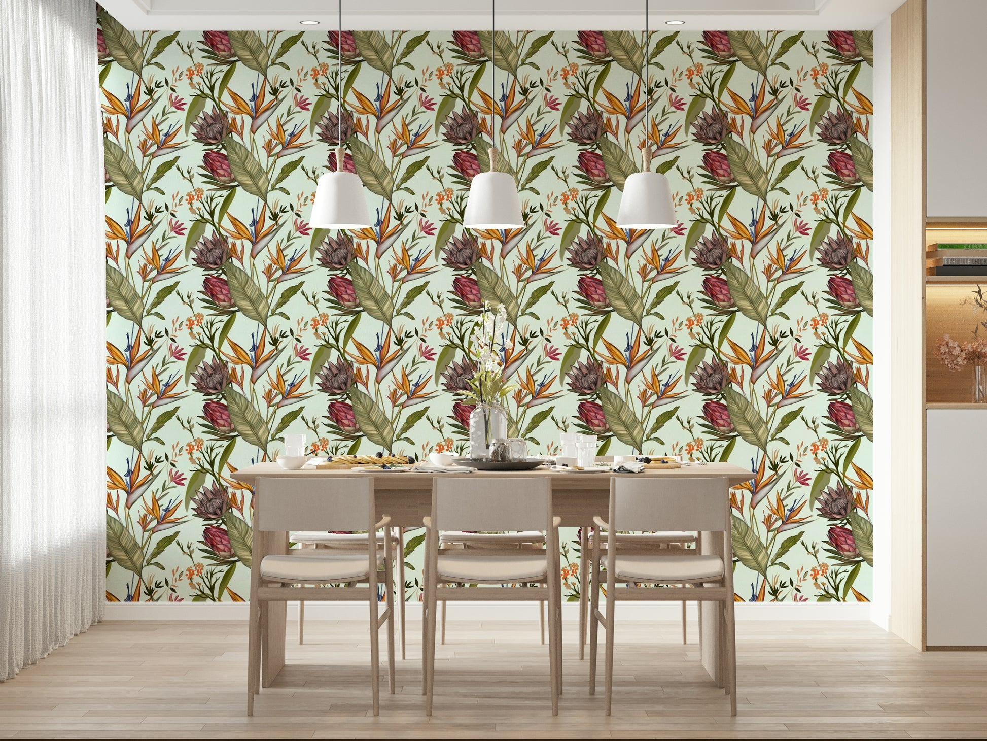 A peaceful tropical forest mural on decorative wallpaper.

