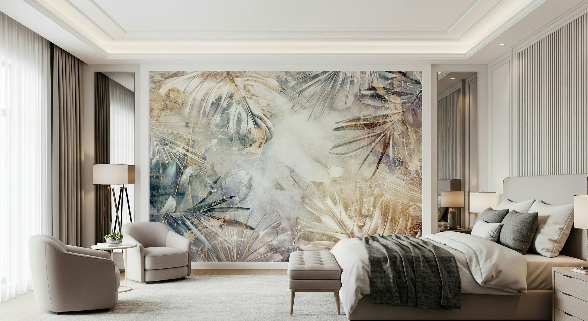A beautiful modern art wall mural of delicate leaves.

