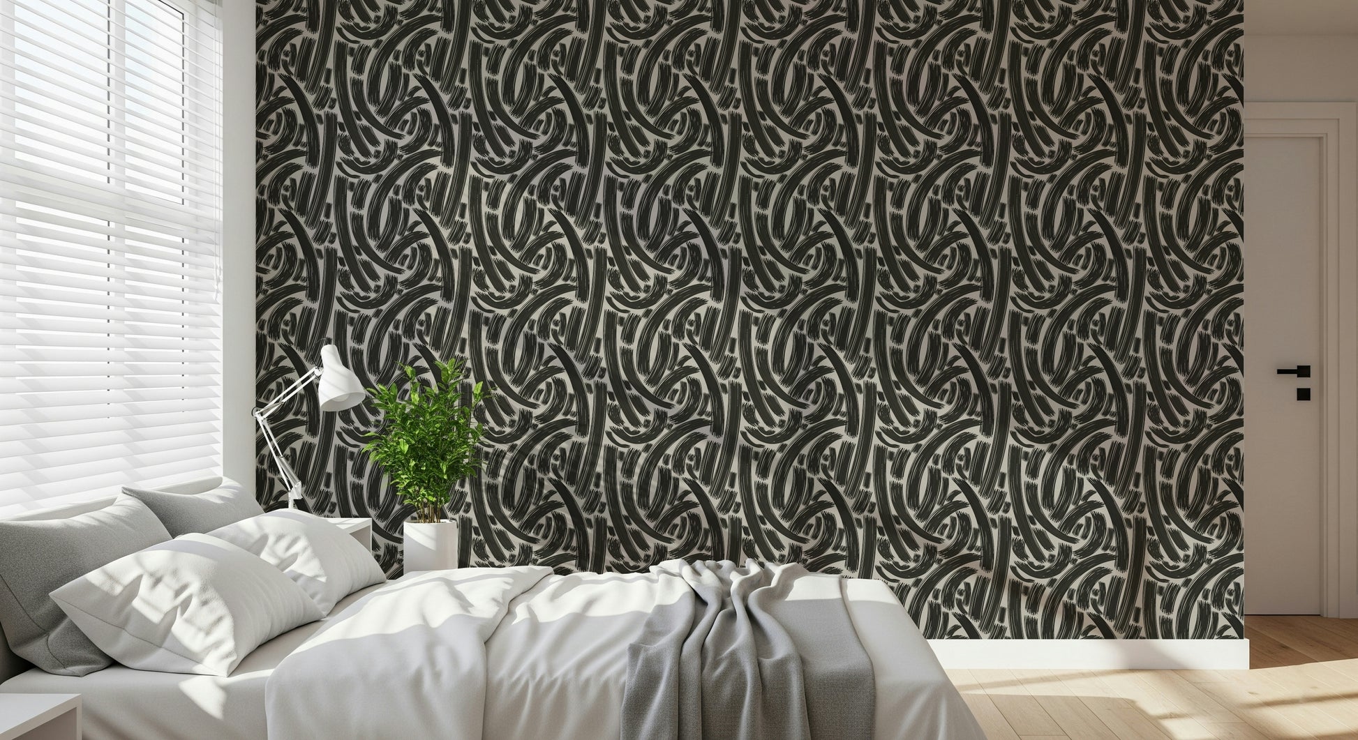 A peaceful modern abstract mural on decorative wallpaper.

